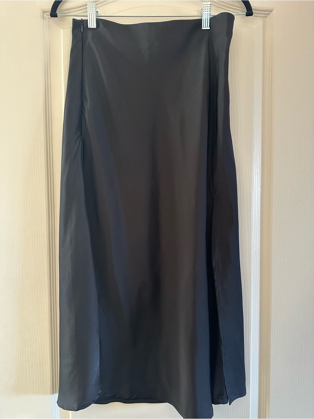 NWOT Black Satin Women's Midi Skirt with slit